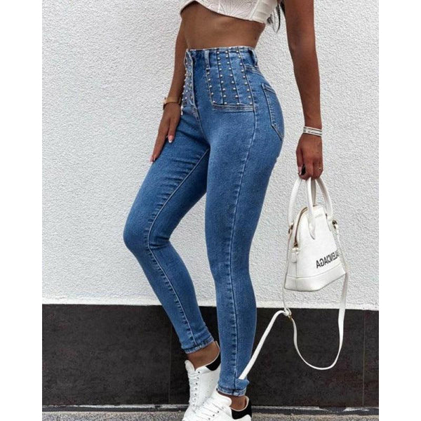 High Waist Breasted Skinny Denim Trousers - Amazitshop