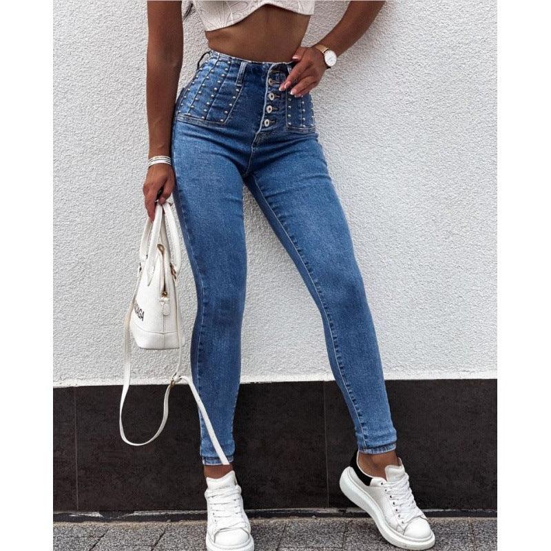 High Waist Breasted Skinny Denim Trousers - Amazitshop