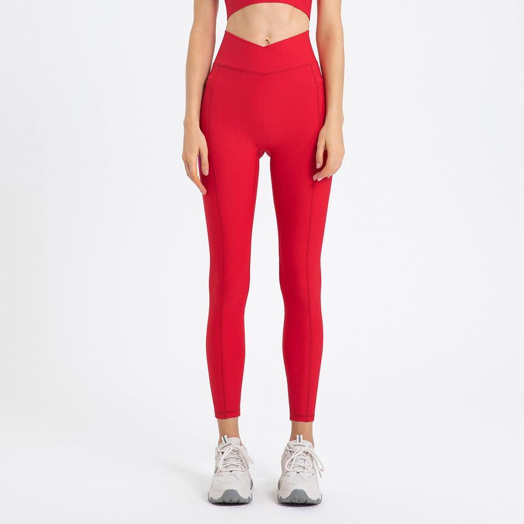 High Waist Hip Lift With Pocket Sports Yoga Pants Belly Contracting Running Quick - drying Tight Cross Waist Head Workout Bottoms - Amazitshop