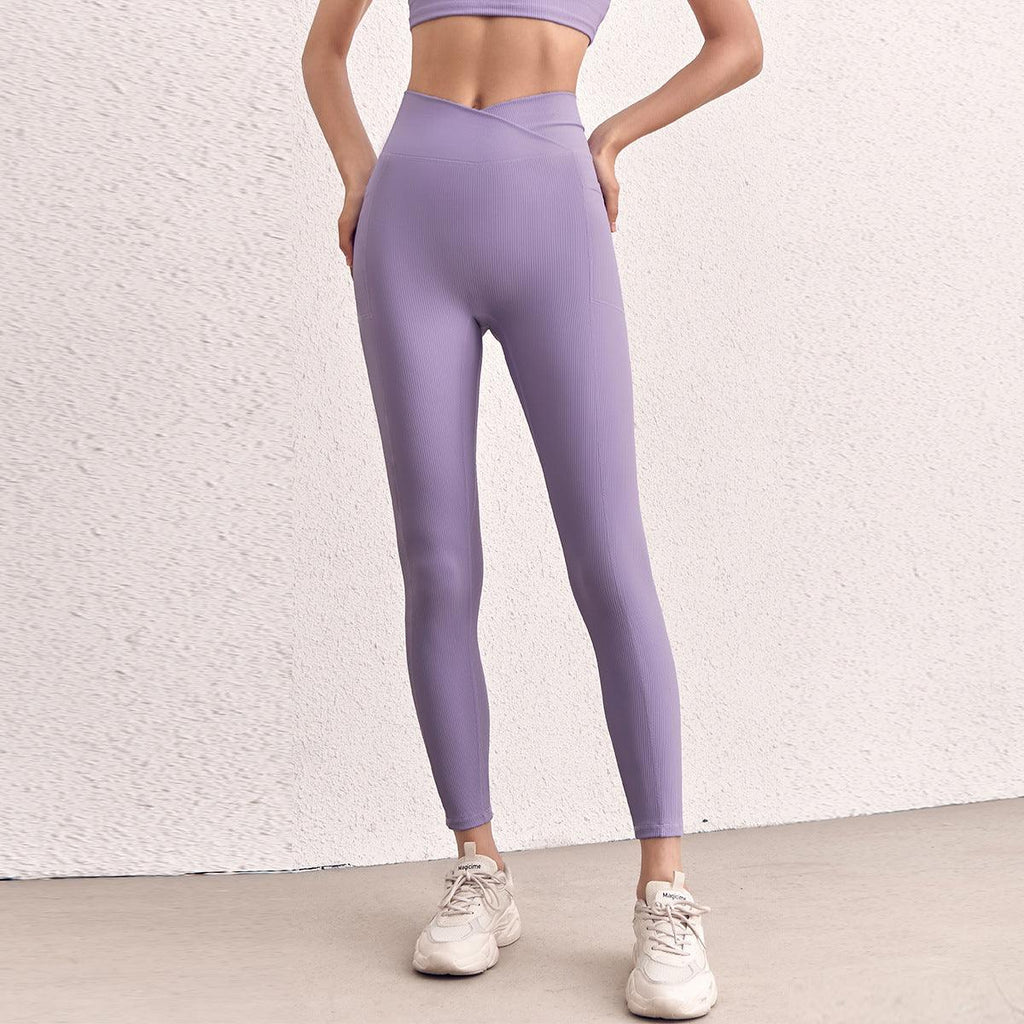 High Waist Hip Lift With Pocket Sports Yoga Pants Belly Contracting Running Quick - drying Tight Cross Waist Head Workout Bottoms - Amazitshop