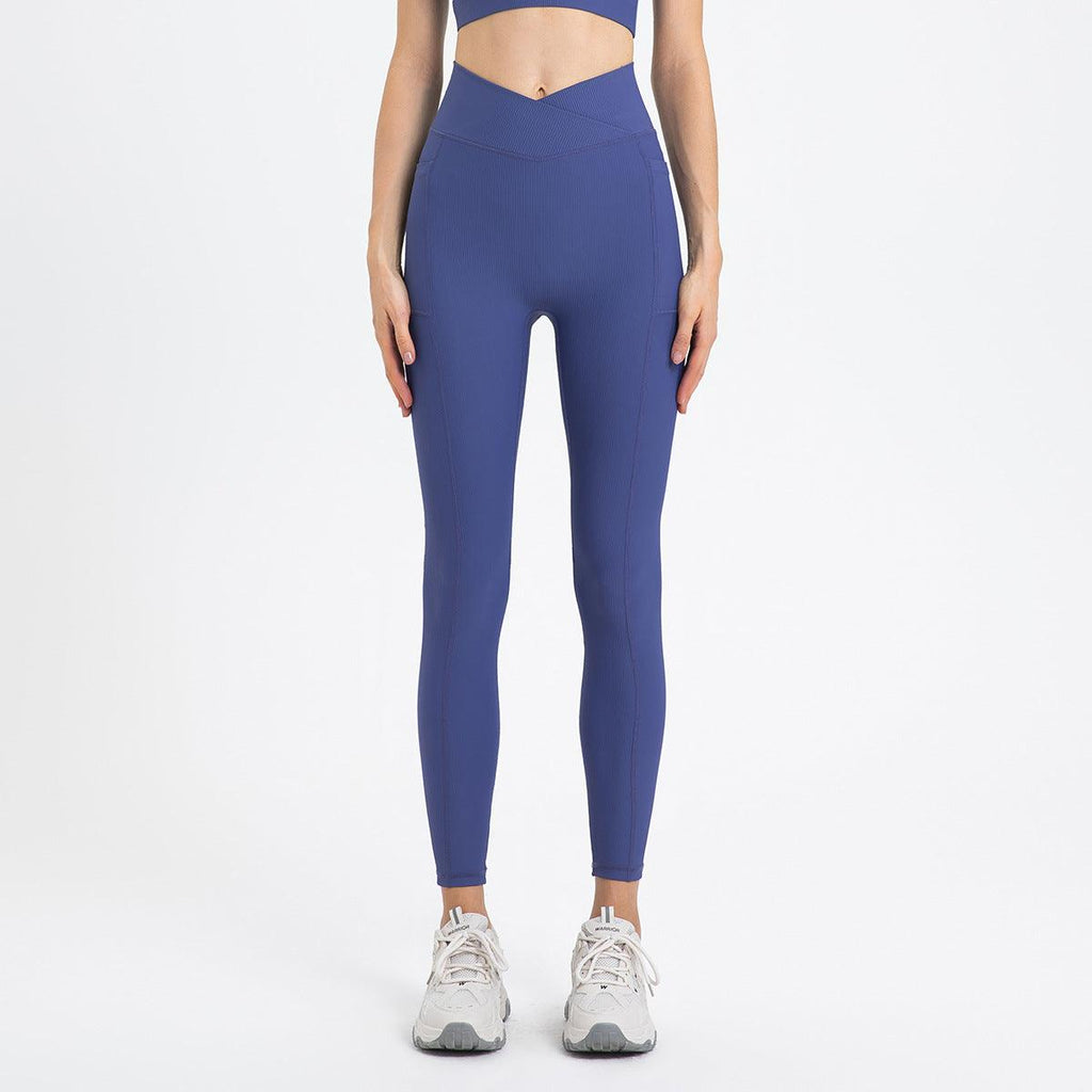 High Waist Hip Lift With Pocket Sports Yoga Pants Belly Contracting Running Quick - drying Tight Cross Waist Head Workout Bottoms - Amazitshop