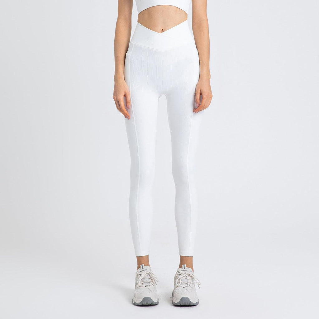 High Waist Hip Lift With Pocket Sports Yoga Pants Belly Contracting Running Quick - drying Tight Cross Waist Head Workout Bottoms - Amazitshop