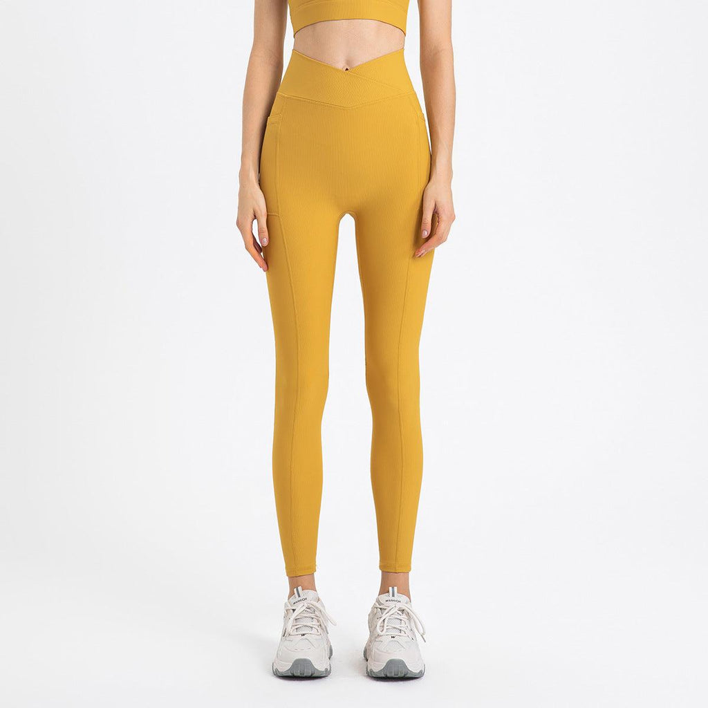 High Waist Hip Lift With Pocket Sports Yoga Pants Belly Contracting Running Quick - drying Tight Cross Waist Head Workout Bottoms - Amazitshop