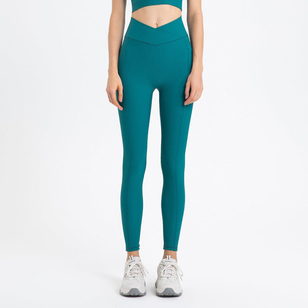 High Waist Hip Lift With Pocket Sports Yoga Pants Belly Contracting Running Quick - drying Tight Cross Waist Head Workout Bottoms - Amazitshop