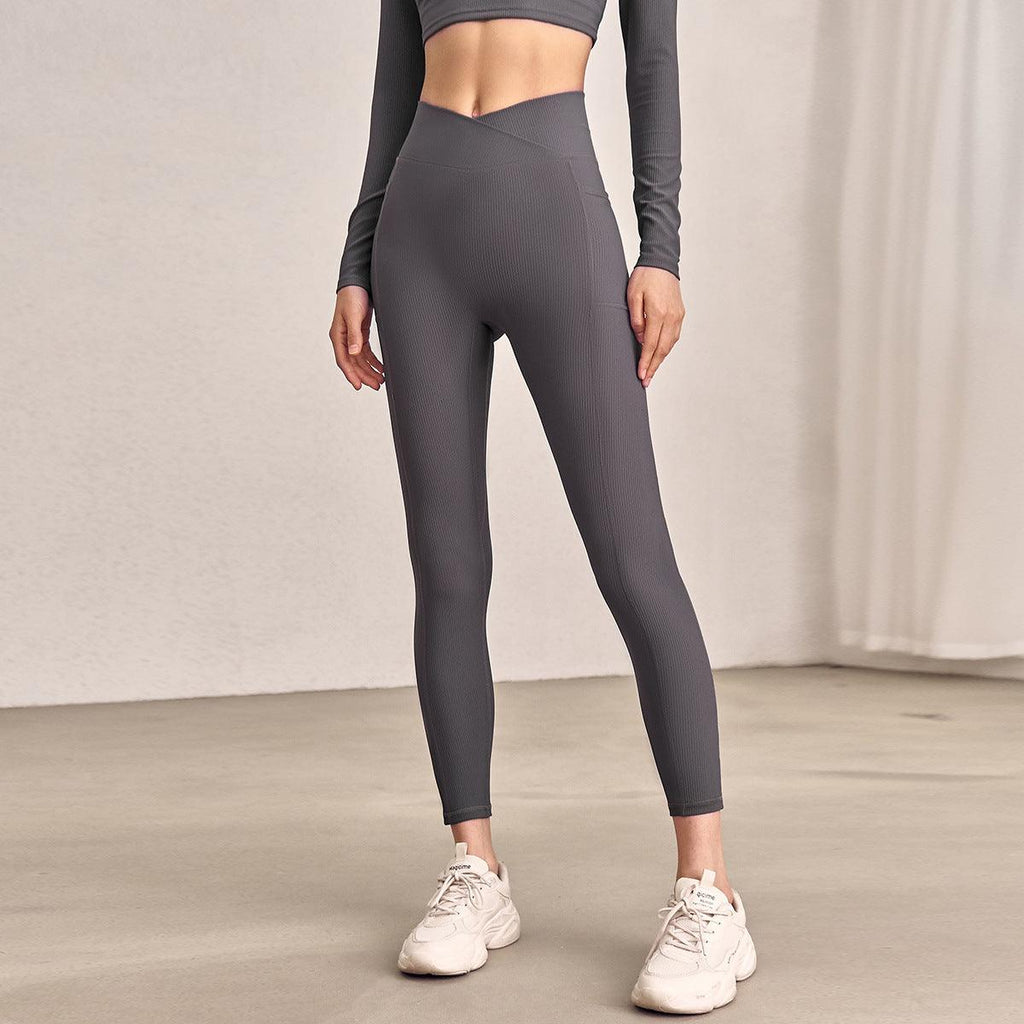 High Waist Hip Lift With Pocket Sports Yoga Pants Belly Contracting Running Quick - drying Tight Cross Waist Head Workout Bottoms - Amazitshop