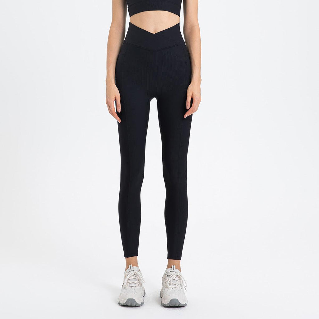 High Waist Hip Lift With Pocket Sports Yoga Pants Belly Contracting Running Quick - drying Tight Cross Waist Head Workout Bottoms - Amazitshop