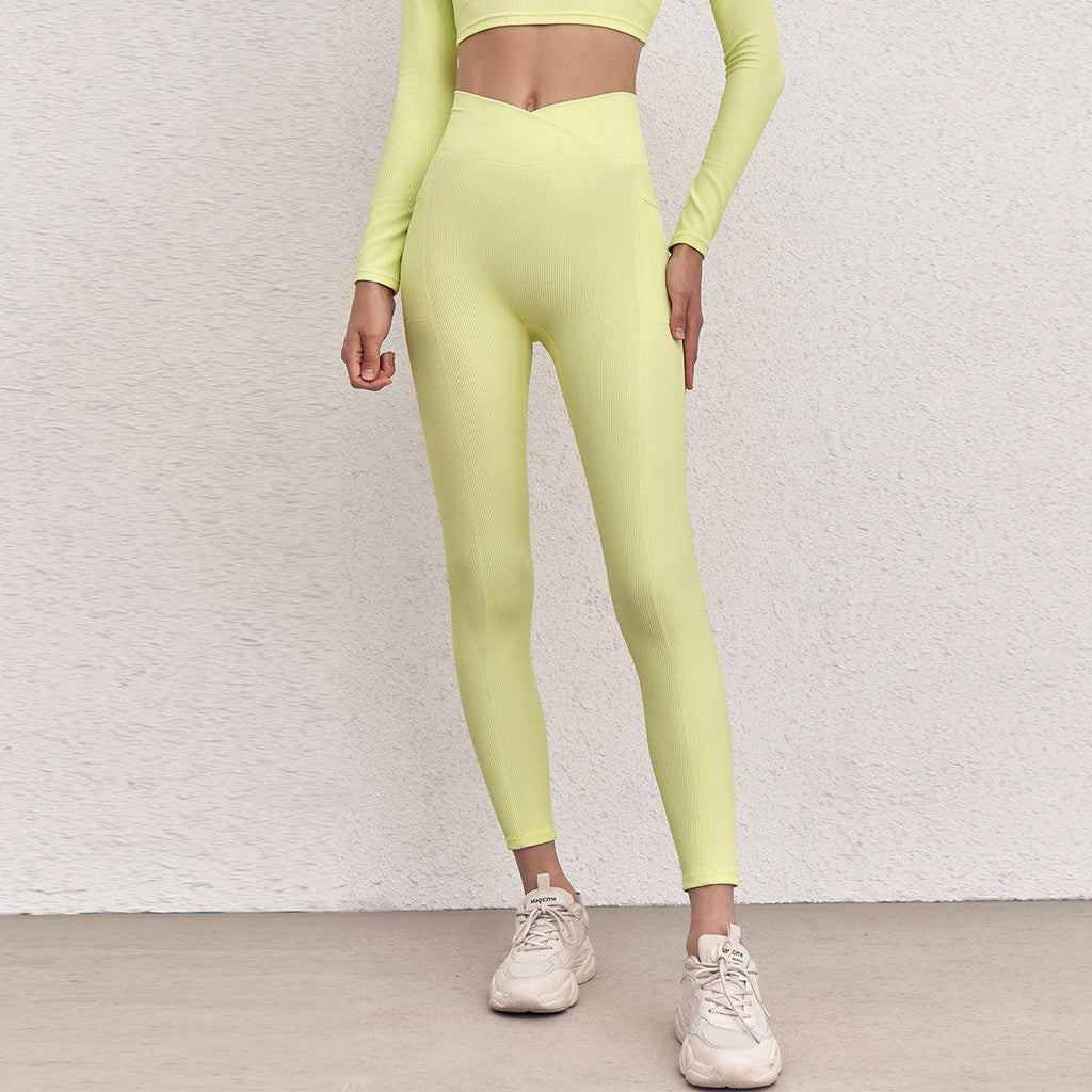 High Waist Hip Lift With Pocket Sports Yoga Pants Belly Contracting Running Quick - drying Tight Cross Waist Head Workout Bottoms - Amazitshop