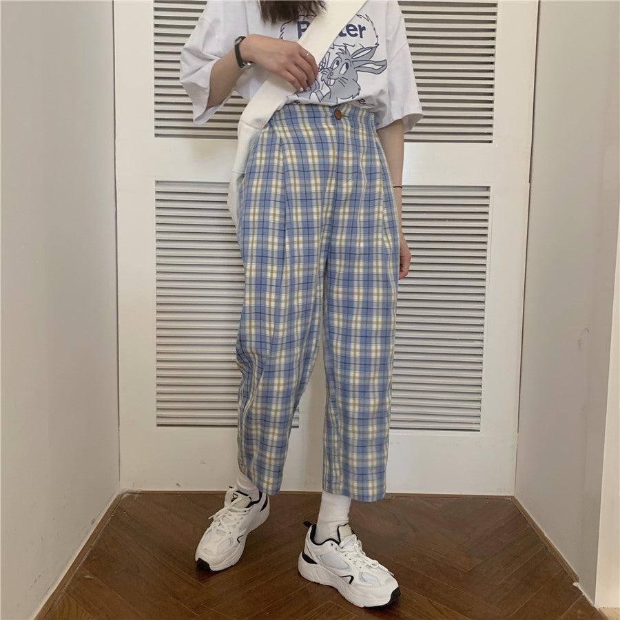 High waist plaid casual pants - Amazitshop