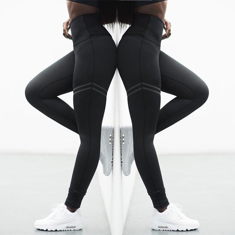 High waist solid color cross - border striped stretch yoga pants fitness bottoming nine points trousers - Amazitshop