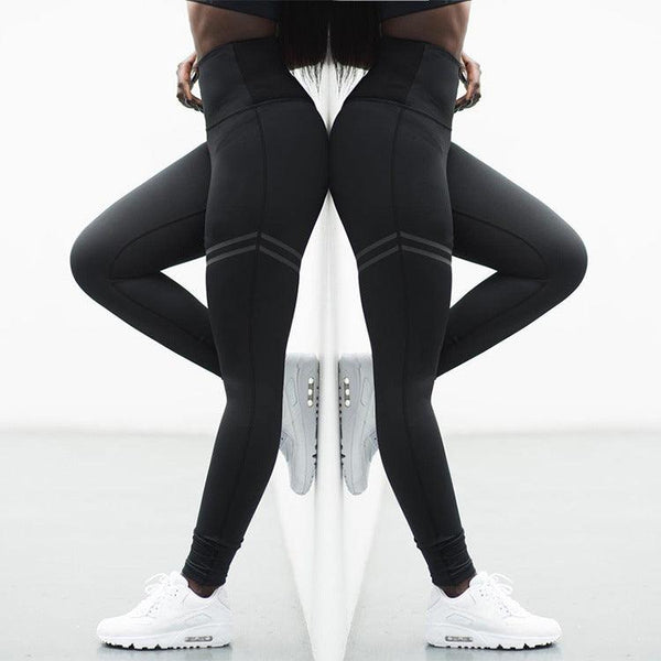 High waist solid color cross - border striped stretch yoga pants fitness bottoming nine points trousers - Amazitshop