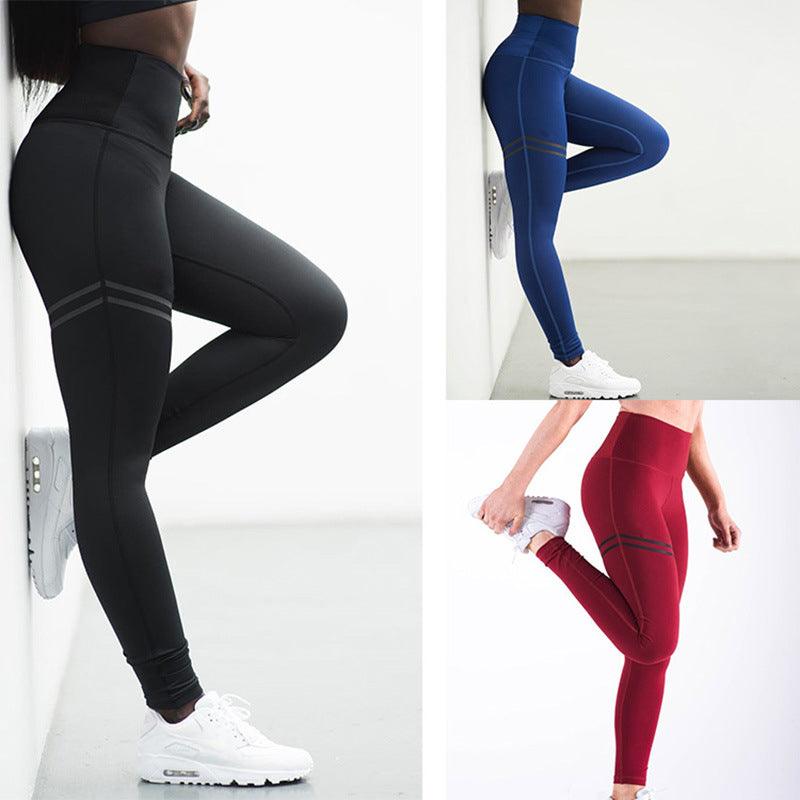 High waist solid color cross - border striped stretch yoga pants fitness bottoming nine points trousers - Amazitshop