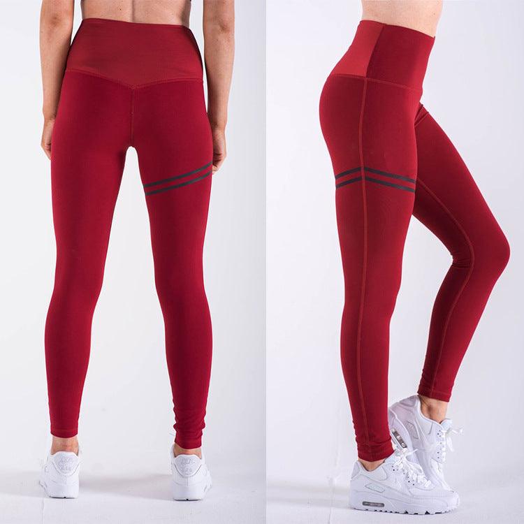 High waist solid color cross - border striped stretch yoga pants fitness bottoming nine points trousers - Amazitshop