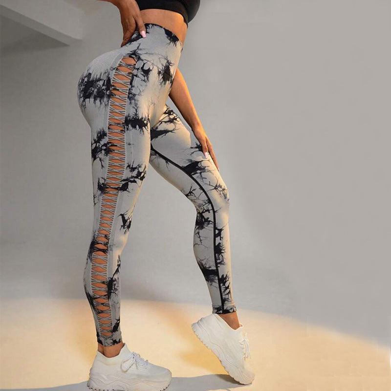 Hollow Tie Dye Printed Yoga Pants High Waist Butt Lift Seamless Sports Gym Fitness Leggings Slim Pants For Women Tight Trousers - Amazitshop
