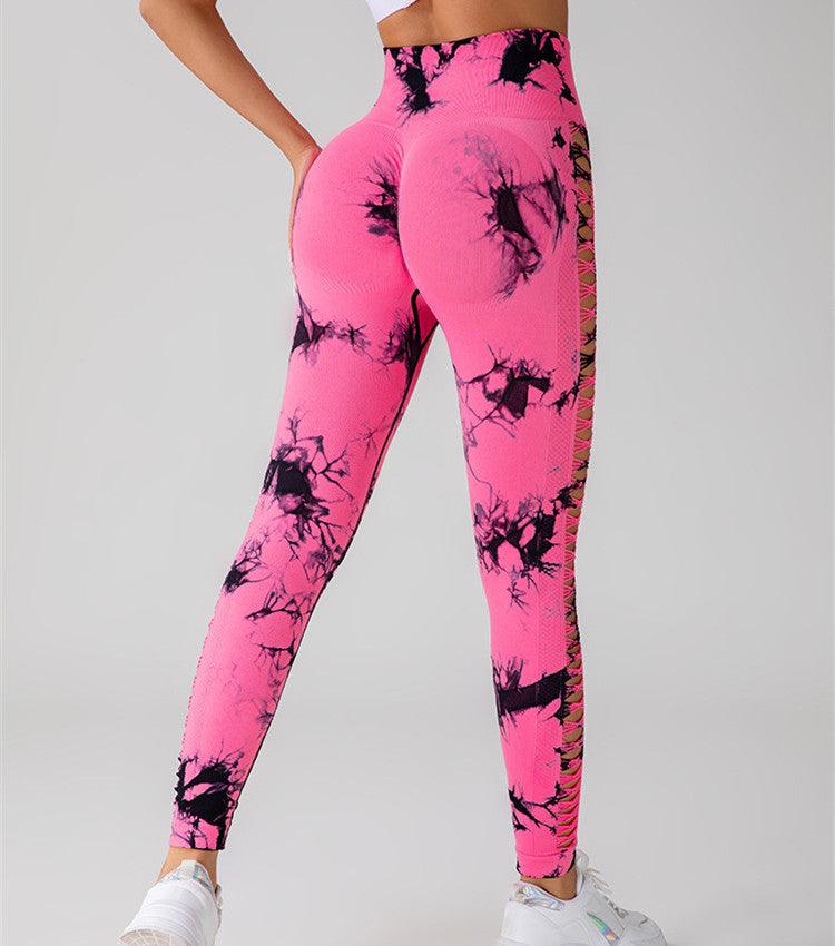 Hollow Tie Dye Printed Yoga Pants High Waist Butt Lift Seamless Sports Gym Fitness Leggings Slim Pants For Women Tight Trousers - Amazitshop