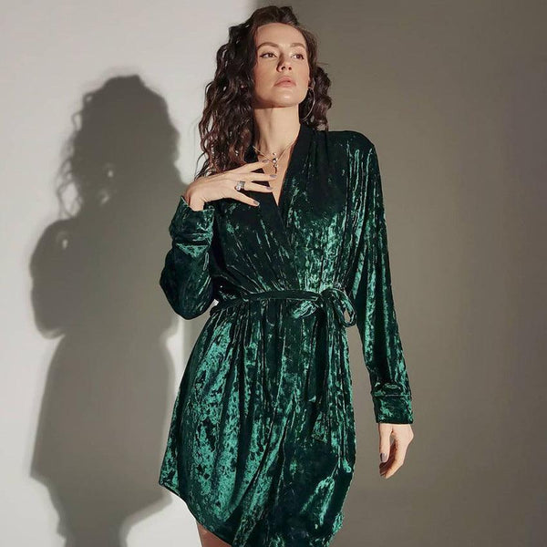 Home Service Gold Velvet Deep V Long - sleeved Nightgown For Comfort And Warmth - Amazitshop