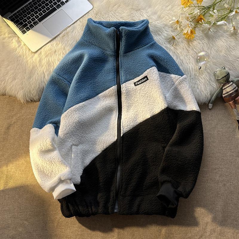 Hong Kong Style Color Patchwork Thickened Cotton Jacket With Lamb Wool - Amazitshop