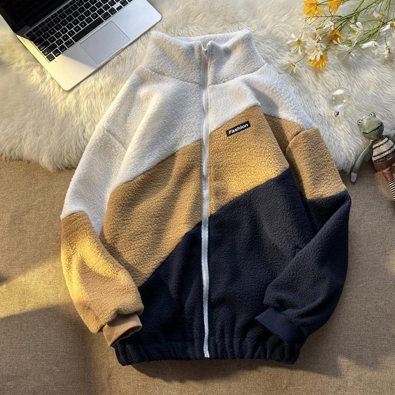Hong Kong Style Color Patchwork Thickened Cotton Jacket With Lamb Wool - Amazitshop