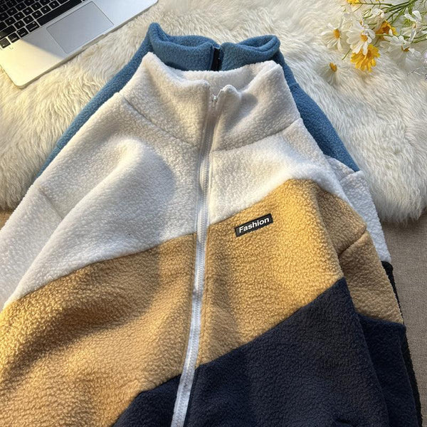 Hong Kong Style Color Patchwork Thickened Cotton Jacket With Lamb Wool - Amazitshop