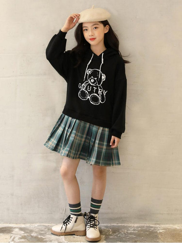 Hooded Sweater Dress Cartoon Print Casual Dress With Pleated - Amazitshop