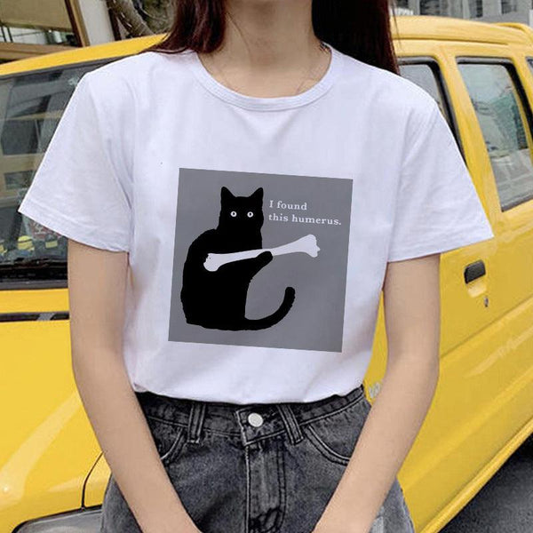 Horro Skull and Cat Femal Tshirt Top Tees kawai T-shirt - Amazitshop