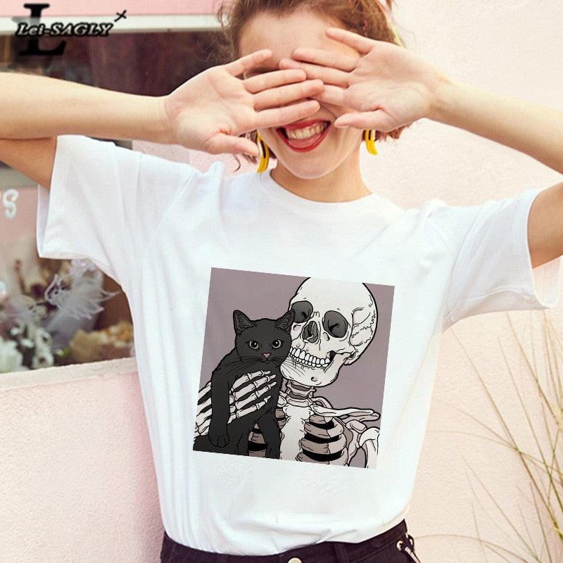 Horro Skull and Cat Femal Tshirt Top Tees kawai T-shirt - Amazitshop