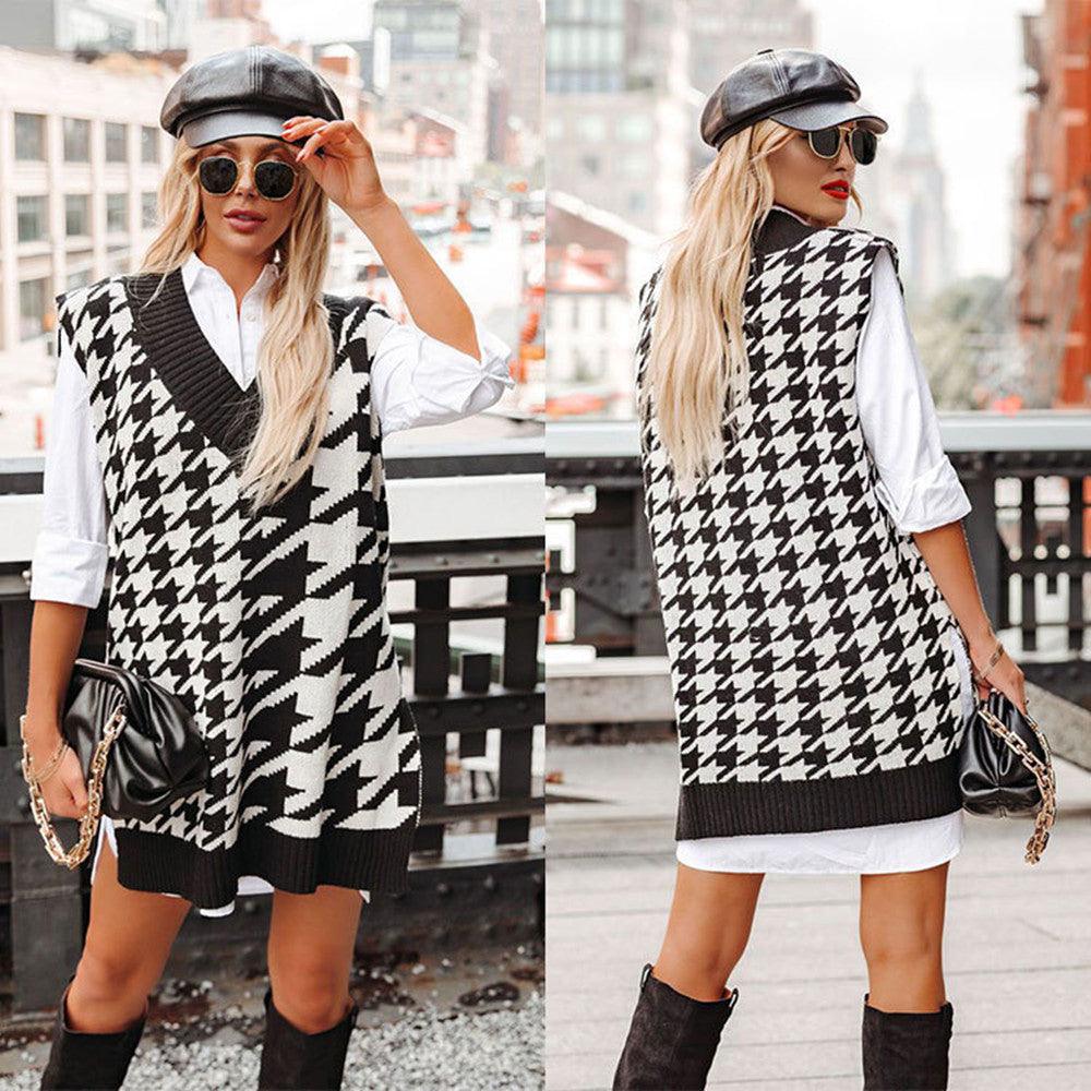 Houndstooth V - Neck Loose Knit Vest - Amazitshop