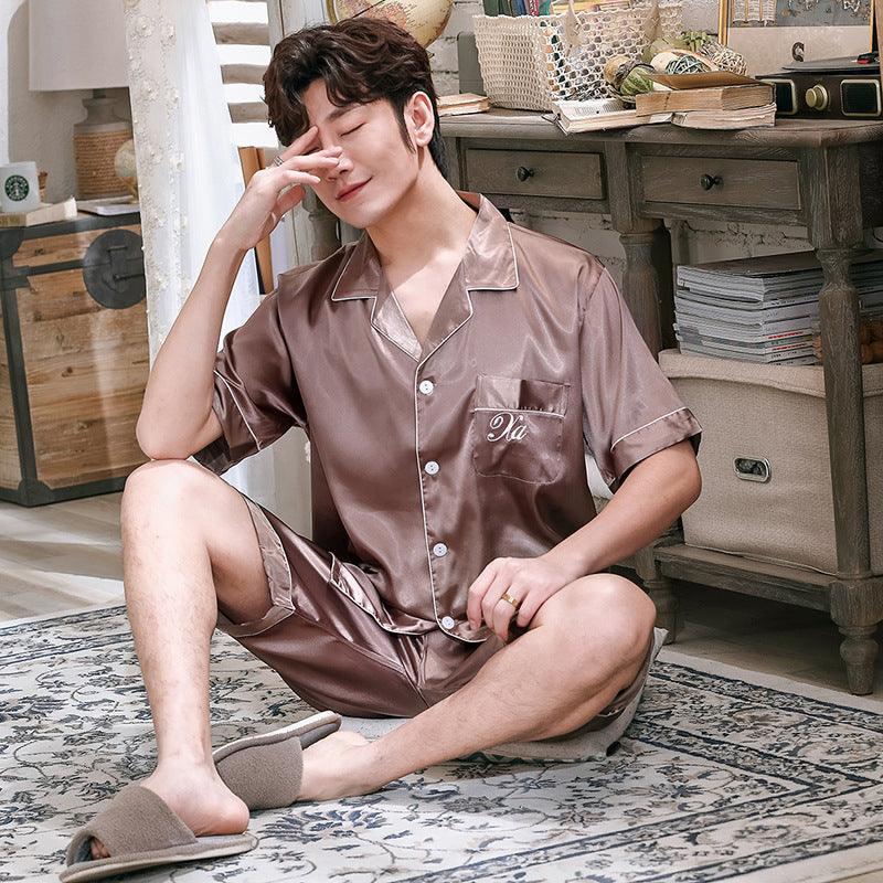 Ice Silk Couple Pajamas Short - sleeved Men And Women V - neck Cardigan Simulation Silk Home Service - Amazitshop