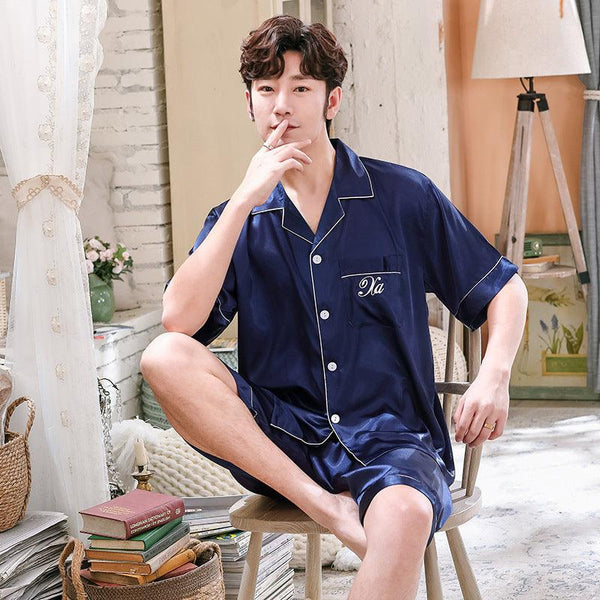 Ice Silk Couple Pajamas Short - sleeved Men And Women V - neck Cardigan Simulation Silk Home Service - Amazitshop