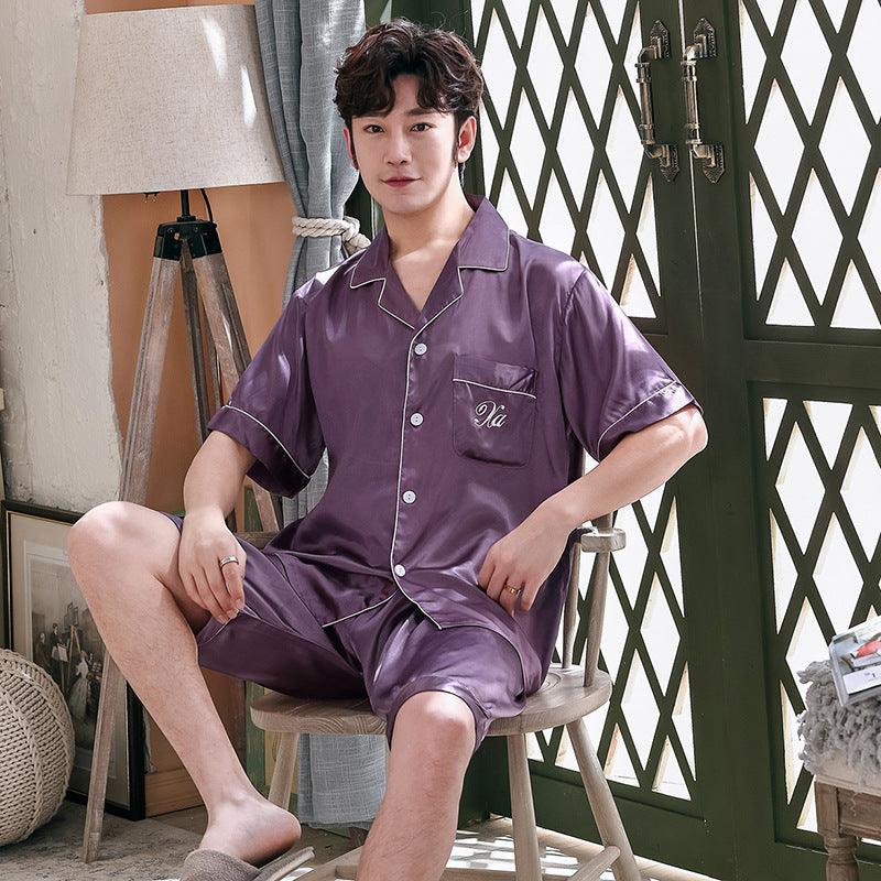 Ice Silk Couple Pajamas Short - sleeved Men And Women V - neck Cardigan Simulation Silk Home Service - Amazitshop