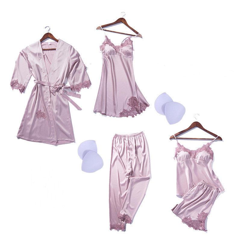 Imitation Silk Pajamas With Chest Pad Hanging Skirt Flower Nightgown Embroidery Short Hanging Nine - Point Trousers Six - Piece Suit - Amazitshop