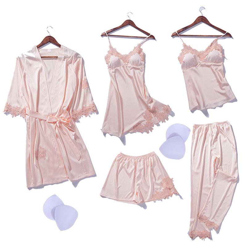 Imitation Silk Pajamas With Chest Pad Hanging Skirt Flower Nightgown Embroidery Short Hanging Nine - Point Trousers Six - Piece Suit - Amazitshop