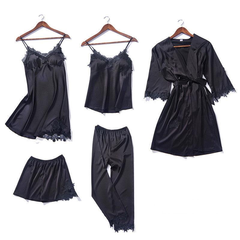 Imitation Silk Pajamas With Chest Pad Hanging Skirt Flower Nightgown Embroidery Short Hanging Nine - Point Trousers Six - Piece Suit - Amazitshop