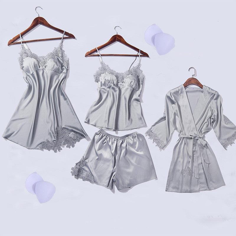 Imitation Silk Pajamas With Chest Pad Hanging Skirt Flower Nightgown Embroidery Short Hanging Nine - Point Trousers Six - Piece Suit - Amazitshop