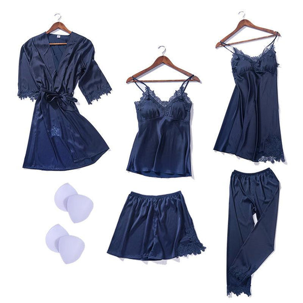 Imitation Silk Pajamas With Chest Pad Hanging Skirt Flower Nightgown Embroidery Short Hanging Nine - Point Trousers Six - Piece Suit - Amazitshop