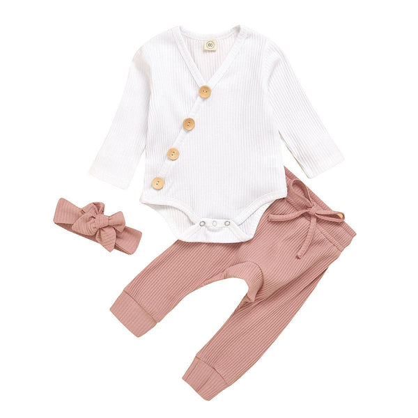 Infant And Toddler Long - sleeved Cotton Pit Strip Three Pieces Set - Amazitshop