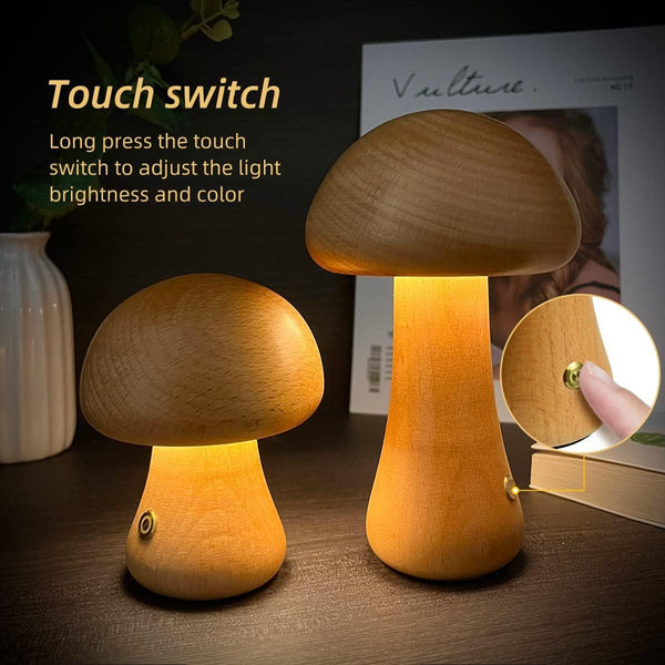 INS Wooden Cute Mushroom LED Night Light With Touch Switch Bedside Table Lamp For Bedroom Childrens Room Sleeping Night Lamps Home Decor - Amazitshop
