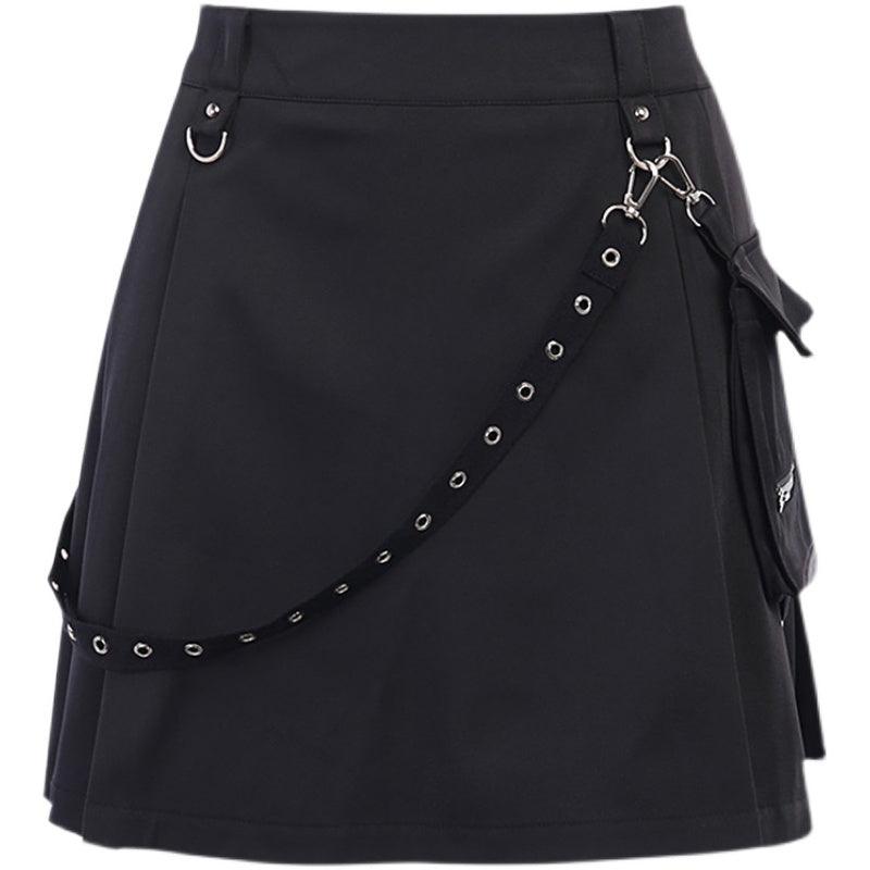 InstaHot Black Pockets High Waist Skirts Strap Zipper Pleated Skirt Women Gothic Punk Streetwear Casual Cargo Skirt Fashion - Amazitshop