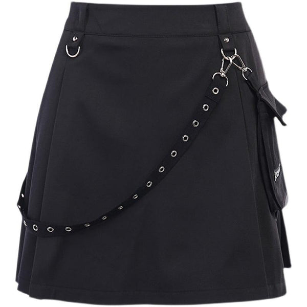 InstaHot Black Pockets High Waist Skirts Strap Zipper Pleated Skirt Women Gothic Punk Streetwear Casual Cargo Skirt Fashion - Amazitshop