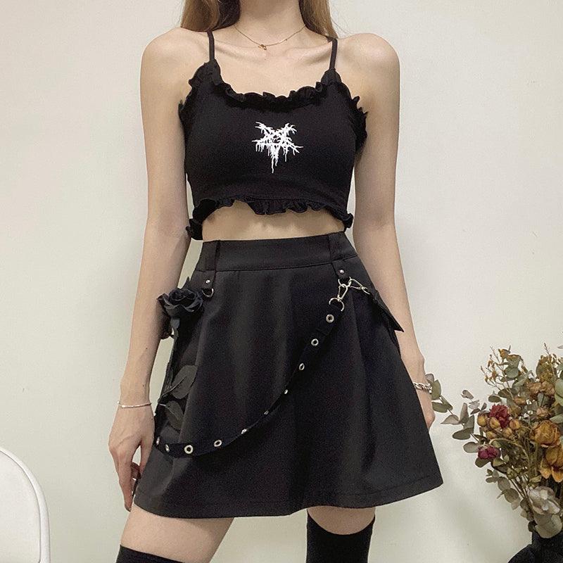 InstaHot Black Pockets High Waist Skirts Strap Zipper Pleated Skirt Women Gothic Punk Streetwear Casual Cargo Skirt Fashion - Amazitshop