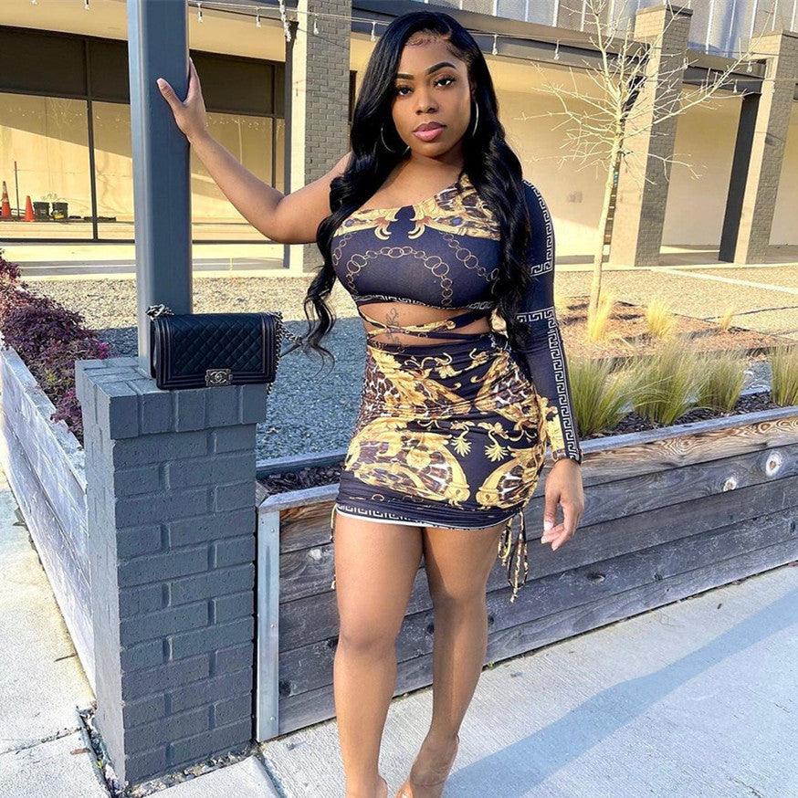 Irregular Single Sleeve Skirt Outfit Women - Amazitshop