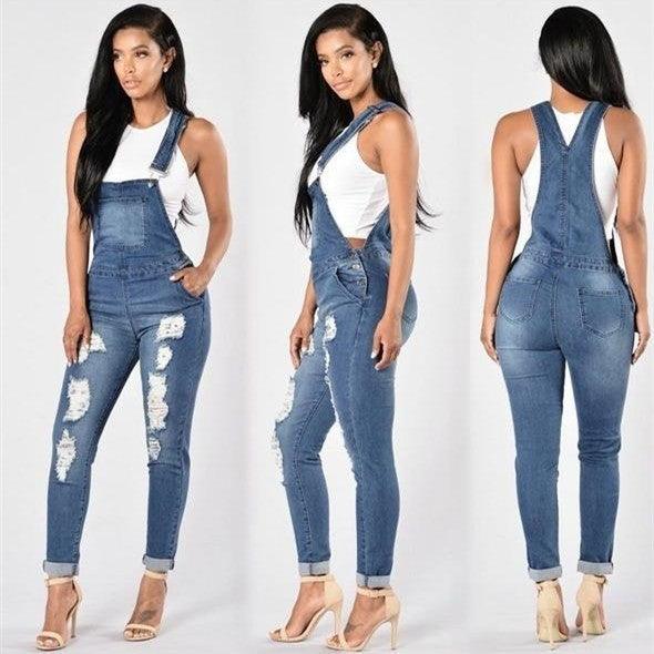 Jeans hole high elastic feet fashion denim strap pants - Amazitshop