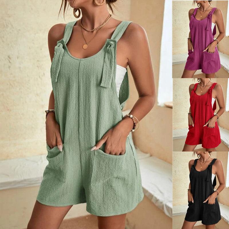 Jumpsuits Rompers For Women Summer Comfortable Casual Suspender Shorts Solid Color Overalls With Pockets Pants - Amazitshop