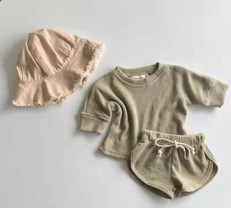 Kids Girls Boys Solid Color Long Sleeve Pullover Tops Elastic Pants - Amazitshop