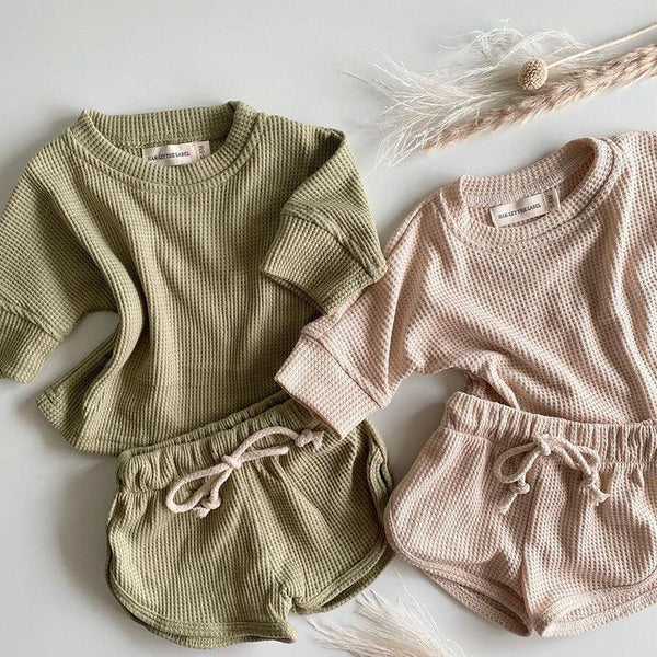 Kids Girls Boys Solid Color Long Sleeve Pullover Tops Elastic Pants - Amazitshop