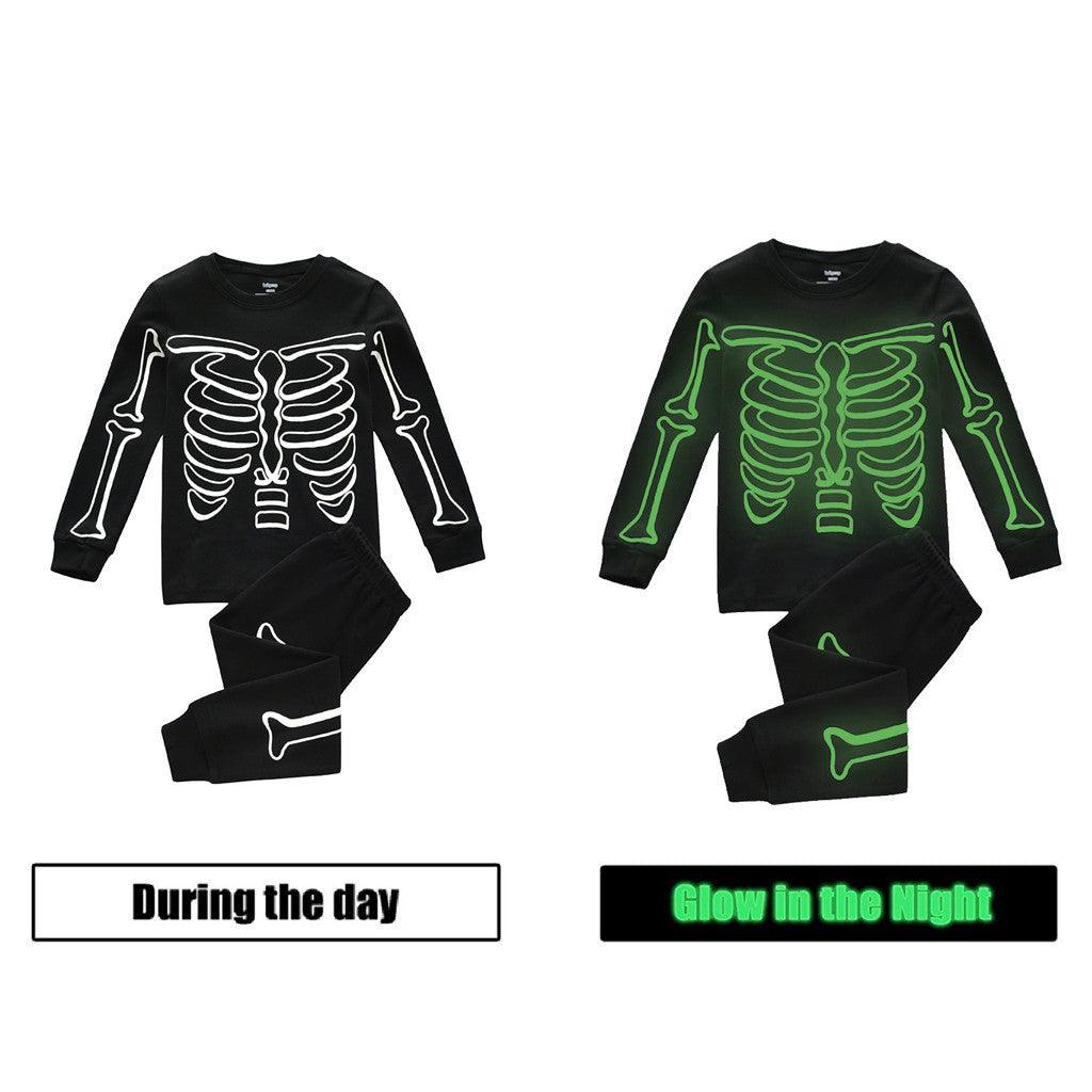 Kids Halloween Glowing Bones Print Long Sleeve Pajama Set - Amazitshop