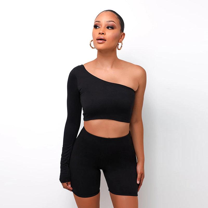 Kliou Solid Asymmetrical Two Piece Sets Women Tracksuit Crop Tops Elastic Bike Shorts Sporty Matching Suits Casual Female Outfit - Amazitshop