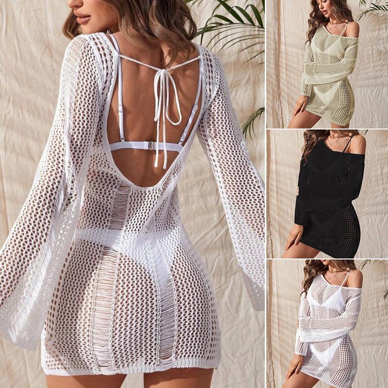 Knitted Hollow Backless Sexy Long Sleeve Narrow Bikini Swimsuit Blouse Women - Amazitshop