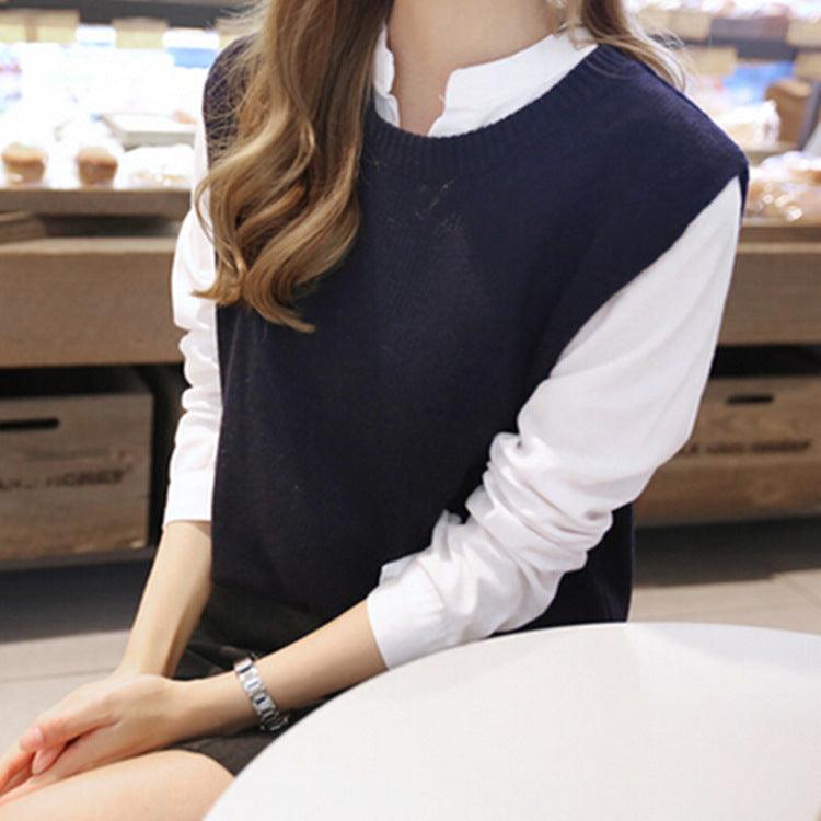 Knitted Women's Vests Korean Style Crew Neck Pullover Sweater - Amazitshop