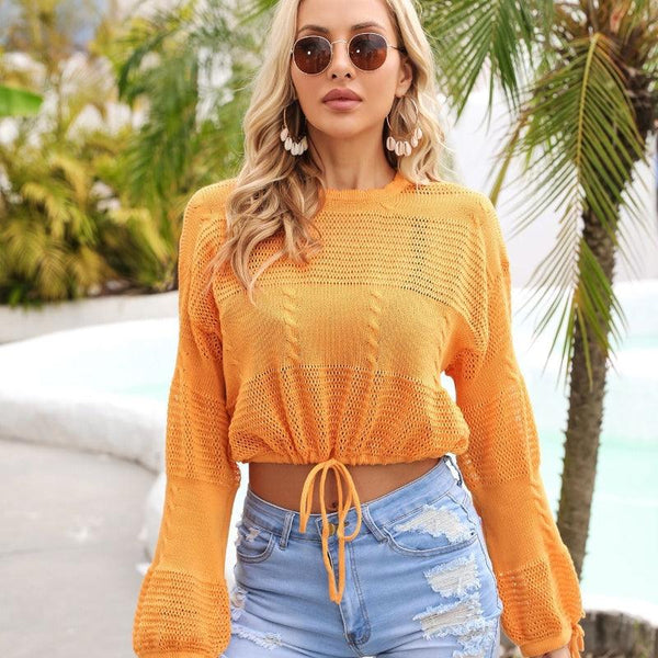 Knitting Bikini Beach Sun Protection Shirt Drawstring Short Plus Size Blouse - Amazitshop