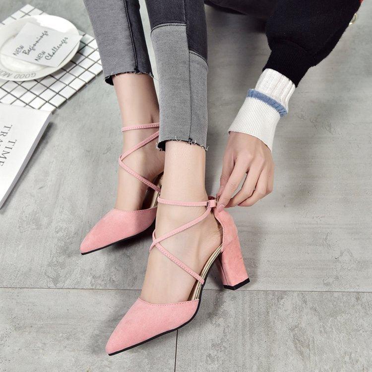 Korean Fashion Pointed Toe Buckle Strap High Heel Sandals - Amazitshop